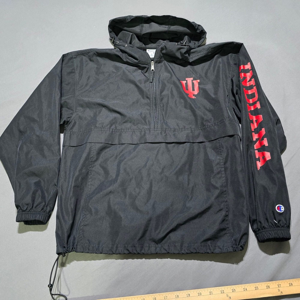 Champion Indiana University Windbreaker Mens Medium Black IU Quarter Zip Jacket